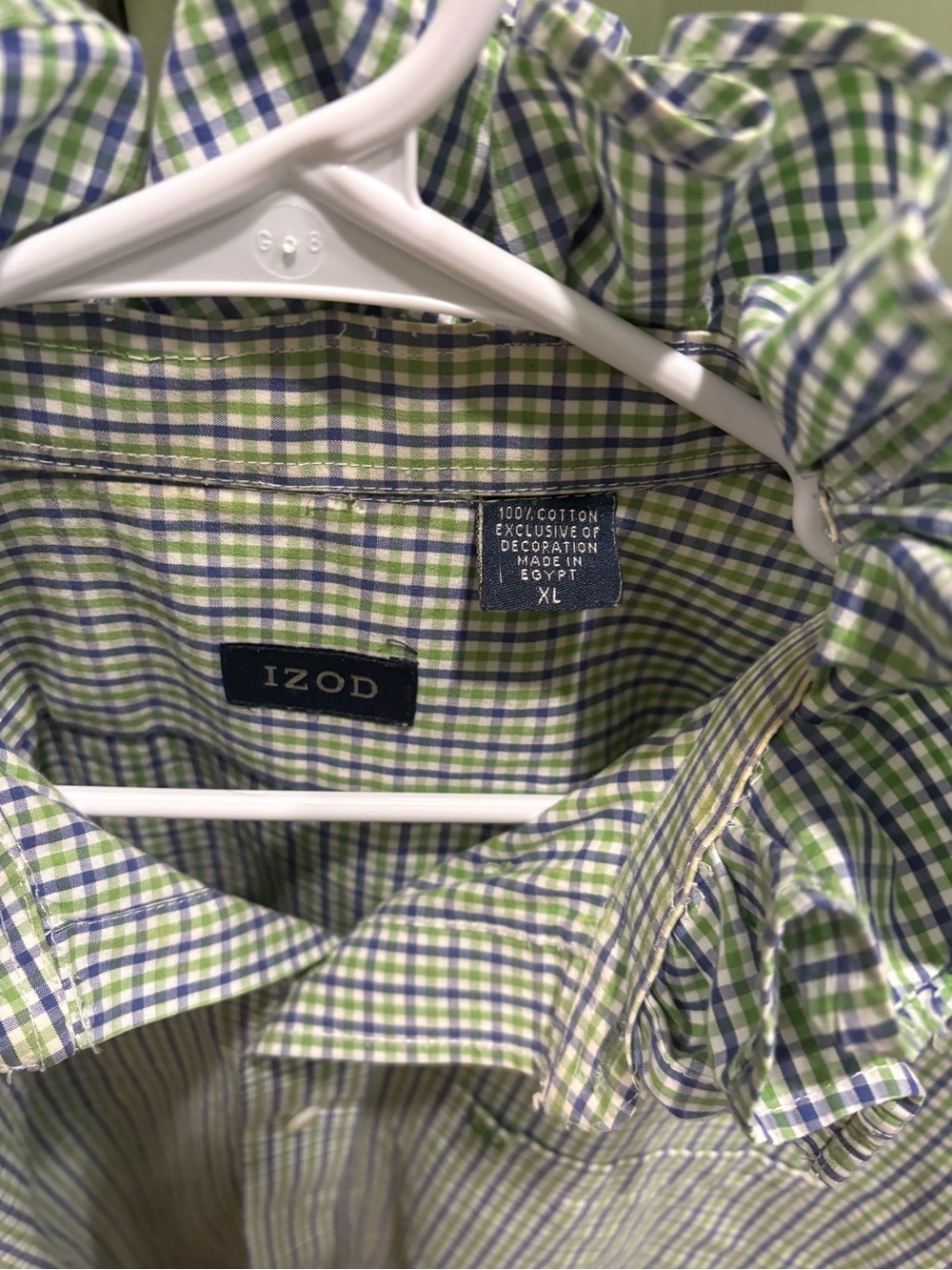 Women’s Izod Green and Blue Ruffle Collar Check Shirt-upcylced button up - Picture 2 of 3